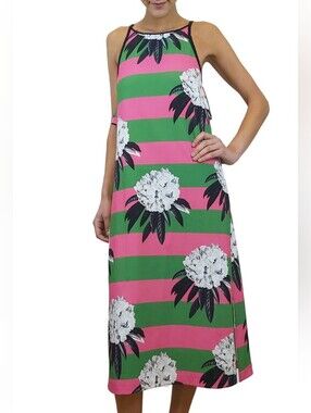 Jazmin Chebar Dress Pink Green Stripe Floral Midi Size S NEW
